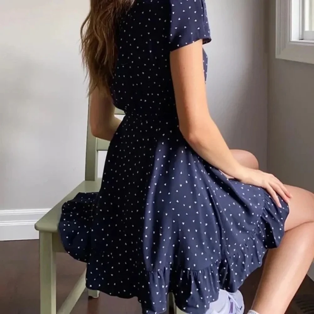 Aritzia SUNDAY BEST Navy Blue White Heart Ruffle Wrap Mini Dress 0 XS Party Work